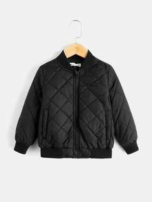 SHEIN Young Boy Zipper Front Quilted Bomber Jacket,In Fall/Winter - Black - View 4