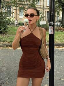 Flora Isola Flora Isola 女款掛脖羅紋貼身迷你裙洋裝，綁帶設計，波希米亞海灘度假風，紋理露背針織洋裝 - 咖啡棕 - 查看 8