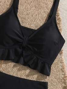 Swim Vcay 女款夏季海灘度假純色性感細肩帶比基尼套裝，荷葉邊 V 領，度假穿搭，黑色上衣，黑色下裝，海灘穿著 - 黑色 - 查看 4