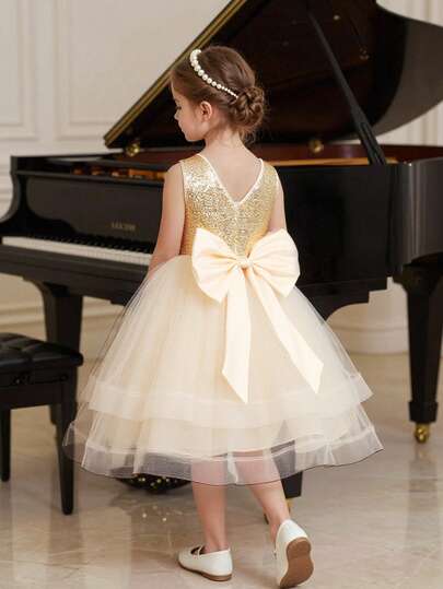 SHEIN Girls Princess Dress, Flower Girl, Birthday Party Wedding Holiday Dress, Sleeveless, Gold Sequin, Champagne Color, Satin, Tulle Puff Dress, Back Large Bow, Back V-Neck, Hemline Shaped Tulle, Puff Tulle Dress