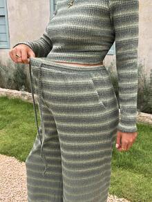Lyckli Women's Maternity 2-Piece Casual Set: Striped Asymmetric-Neck Long-Sleeve T-Shirt & Drawstring-Waist Pants (Autumn) Fall - Green - View 8