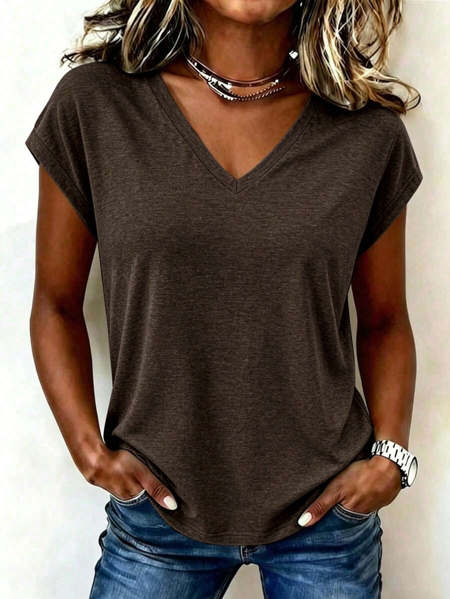 Selianne Women's Solid Color Minimalist Versatile V-Neck T-Shirt For Daily Wear - Dark Grey - View 1