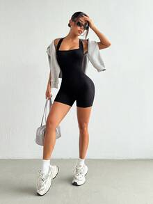 Solea Cove Solea Cove Easithlete 女款露背無袖黑色無縫瑜伽連身衣，彈性運動健身連身衣，夏季性感健身運動訓練連身褲 - 黑色 - 查看 7
