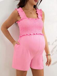 SHEIN 孕婦夏季休閒純色無袖連身褲 - 粉色 - 查看 6