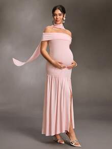 Cheriluna Maternity Women's Elegant Off-Shoulder Pleated Maternity Maxi Dress - Pink - View 5