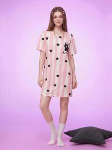 Notgurli Cute Striped & Star Print Women's Short Sleeve Casual Sleep Dress - Multicolor - View 6
