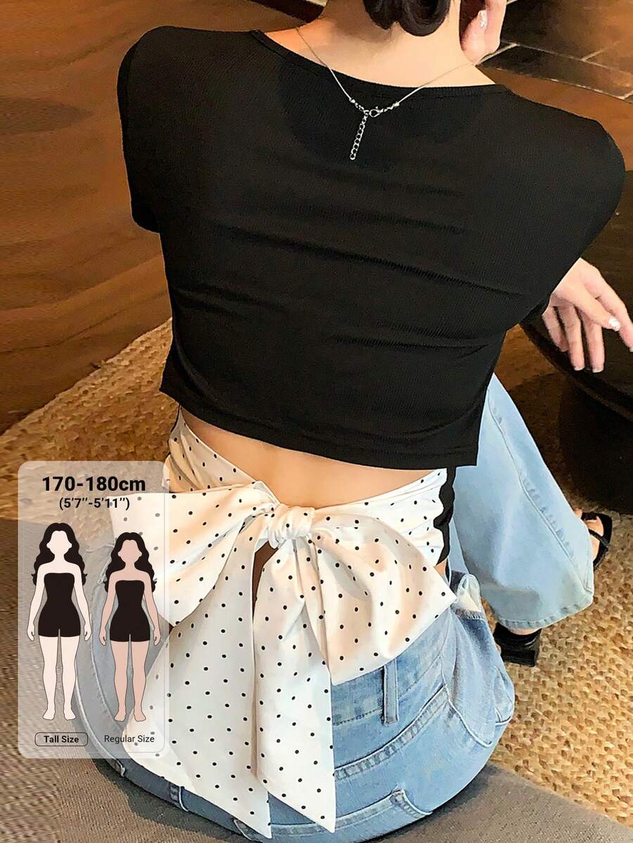 Dazy Tall 女款夏季拼色拼接黑白波點蝴蝶結裝飾休閒性感套頭T恤可愛上衣適合夜店聚會 - 黑色 - 查看 1