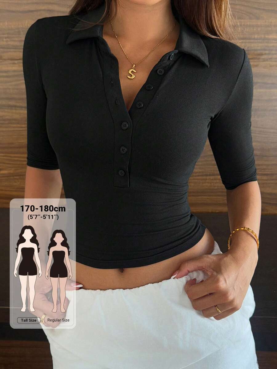 Dazy Tall 女款翻領半鈕扣前襟短袖修身度假風T恤 - 黑色 - 查看 1