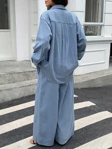 Dazy Tall Women's Lapel Long Sleeve Stitch Decor Open Front Shirt And Loose Straight Leg Pants Urban Casual Denim Set - Light Wash - View 3