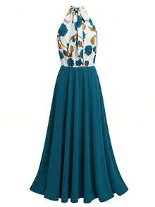 Levarali Women's Summer Elegant Floral Print Patchwork Halter Neck Dress Summer/Fall Beach Country Dress Travel - Blue and White - View 2