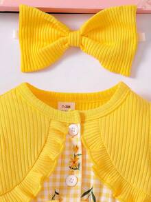SHEIN 新生女嬰夏季可愛洋裝與配套髮帶 2 件套長袖碎花服飾 - 黃色 - 查看 7