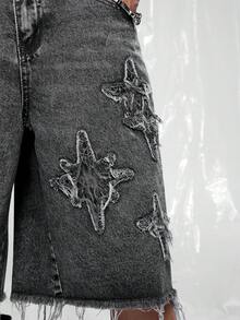 IRON GLYPH American Street Style Patchwork Embroidered Frayed Denim Shorts - Black - View 5