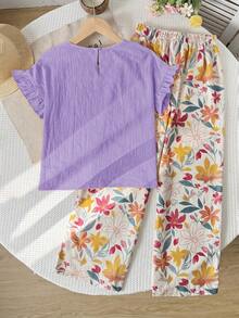 SHEIN 青少年女孩 T-Shirt 套裝 梭織純色荷葉袖 T-Shirt 與碎花長褲休閒套裝 - 紫色 - 查看 2