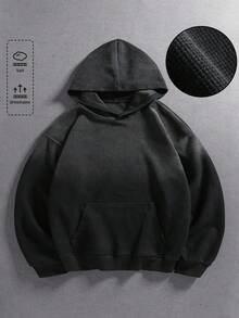 ROMWE MEN Men's Waffle Fabric Washed Loose Fit Hoodie - Black - View 1