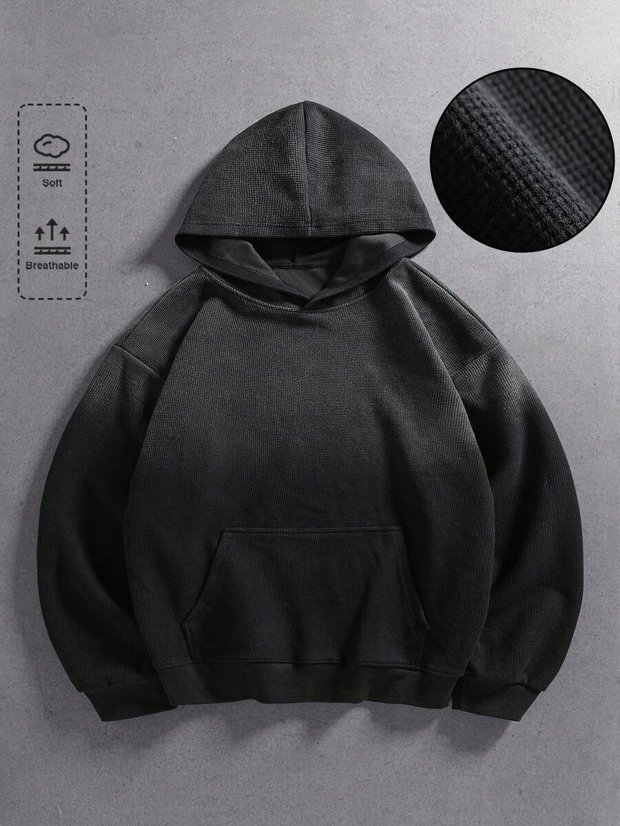 ROMWE MEN Men's Waffle Fabric Washed Loose Fit Hoodie - Black - View 1