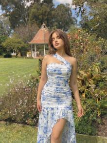 SHEIN MOD Plus Size Elegant Blue & White Floral Print High Slit Dress - Blue and White - View 11