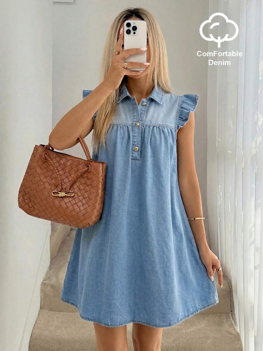 SHEIN LUNE 女款休閒丹寧洋裝,翻領設計、鈕扣裝飾與短版荷葉袖 - 黑色 - 查看 1