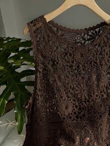 SHEIN EZwear 巧克力棕大尺碼女款春夏鏤空針織背心 - 巧克力棕 - 查看 4