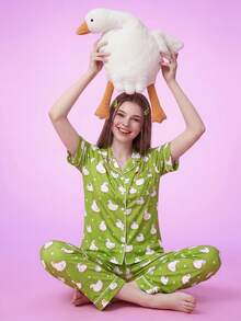 SHEIN Women's Duck Print Button-Front Short Sleeve Long Pants Pajama Set - Multicolor - View 6