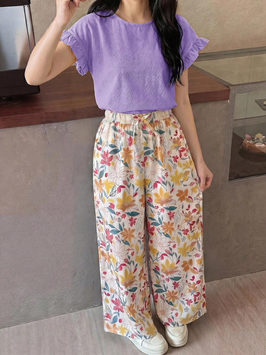 SHEIN Tween女孩 T恤套裝 梭織純色荷葉袖T恤與碎花長褲休閒套裝 - 紫色 - 查看 1