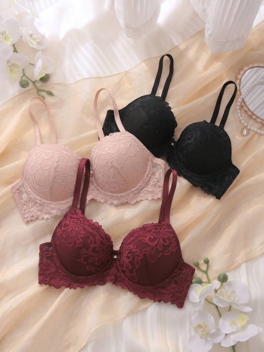 SHEIN 3 st/set spets-BH med bygel för damer, alla hjärtans dag - Multifärgad - Visa 1