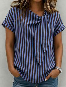 Linhara CURVE Women's Spring/Summer Blue & Brown Striped Casual Commute Top, Minimalist Design, Asymmetrical Neckline, Loose Fit, Flattering, Rolled Cuffs, Lazy Style, Linen, Comfortable, Versatile - Blue - View 3