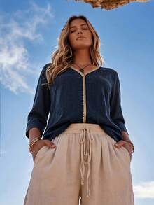 Linhara CURVE Women's Plus Size Mid-Length Sleeve V-Neck Casual Top, Spring Summer Autumn Winter Top, Vacation Casual Home Top - Blue - View 8