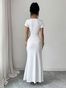 SHEIN Elenzya 女士纯色金属扣装饰连衣裙 - 白色 - 查看 2