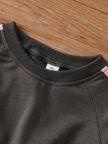 Elladie kids Setelan 2 Potong untuk Anak Perempuan Musim Semi/Gugur: Lengan Panjang dan Celana Panjang, Motif Pita Olahraga, dan Rajutan. - Dark Grey - View 6