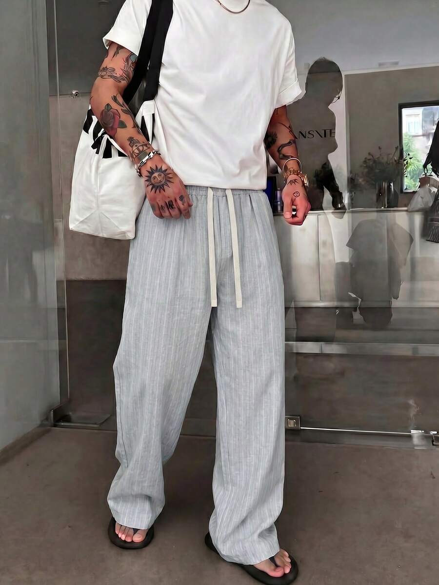 STEELVANCE 男士抽繩腰條紋寬鬆休閒長褲 - 淺色水洗藍 - 查看 1