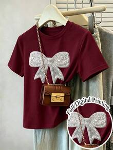 Girls' Short Cropped T-Shirt, Burgundy, Fitted, Cute White Rhinestone Bow Decor, Versatile All-Match Tee, Suitable For Outings, Spring/Summer - Burgundy - View 1