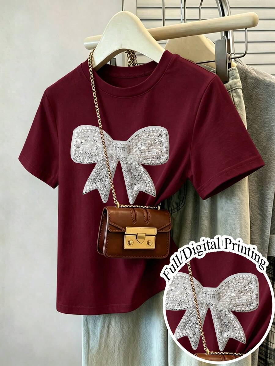Girls' Short Cropped T-Shirt, Burgundy, Fitted, Cute White Rhinestone Bow Decor, Versatile All-Match Tee, Suitable For Outings, Spring/Summer - Burgundy - View 1
