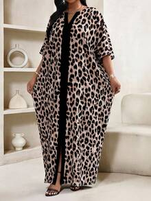 SHEIN Lady Beige Leopard Print V Neck Kaftan Maxi Dress Summer Loose Fit Casual Boho Elegant Long Dress Vacation Evening Gym - Brown - View 4