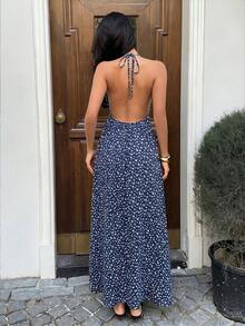 Sunnyshic Women's Vacation Long Dress Navy Blue Floral Contrast Lace Trim Patchwork V-Neck Halter Tie Back Open Back Cinched Waist A-Line Spring Summer Beach - Navy Blue - View 2