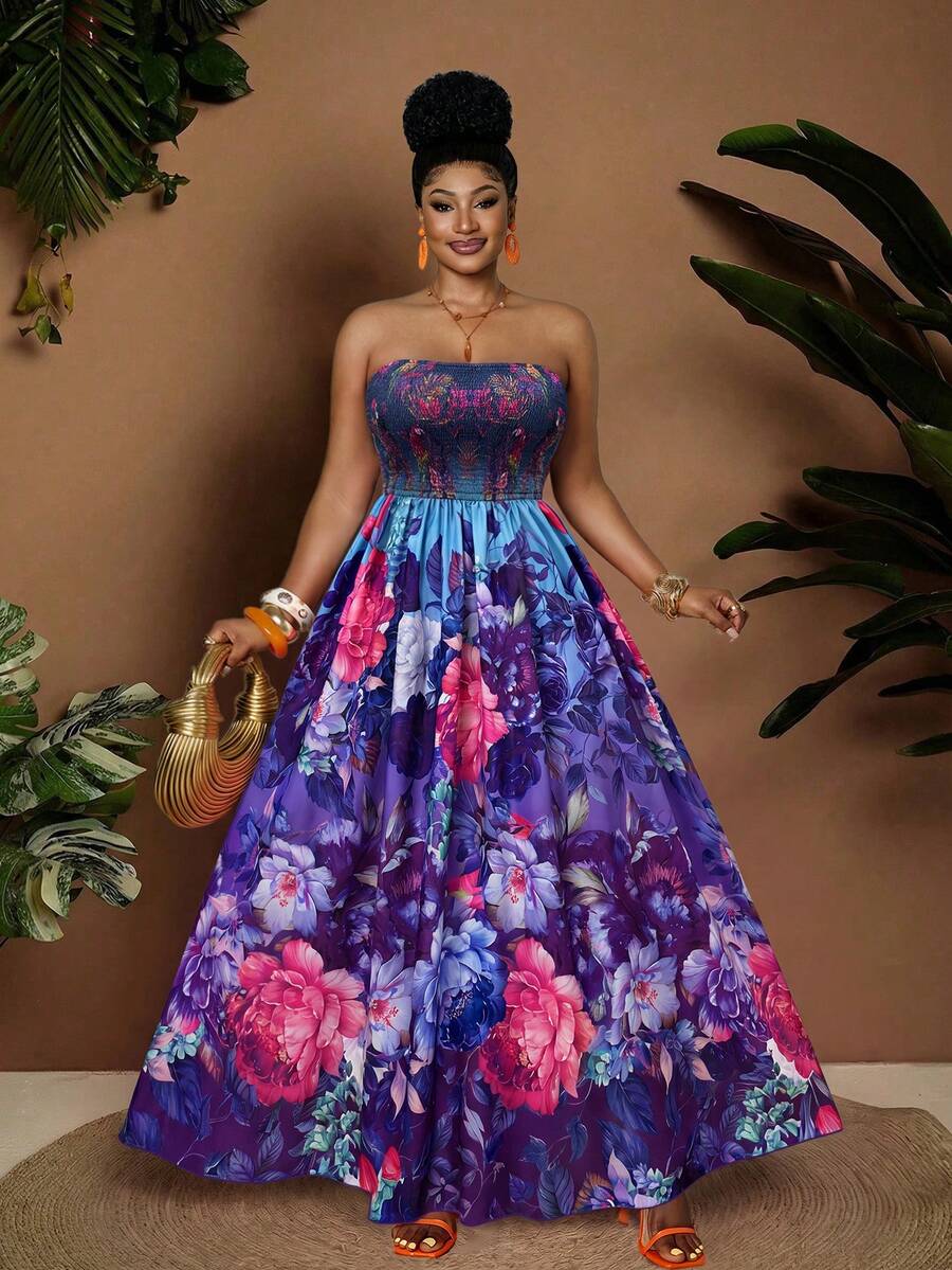 Maweii Vestido Maxi Elegante Vintage de Vacaciones con Estampado Floral Colorido, Plisado y Cruzado, sin Tirantes y sin Mangas, para Mujer Talla Grande, Primavera/Verano - Azul - Ver 1