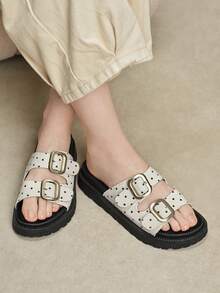 Solecia Metal Buckle Decorative Slippers, Open Toes, Muffin Thick Bottom, Comfortable And Versatile, Sandals - White polka dot - View 9