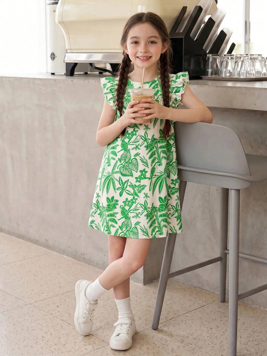 Casuvi Kids Casuvi 少女热带雨林印花喇叭连衣裙,休闲度假风,适合春夏日常穿着及度假 - 綠色 - 查看 1