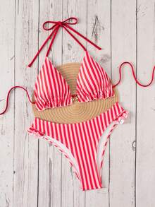 Swim Mod 女款夏季新款海灘泳裝度假休閒甜美紋理拼接條紋布料可愛荷葉邊飾精緻金屬海星貝殼吊墜性感露背繫帶兩件式比基尼泳衣套裝 - 彩色 - 查看 4