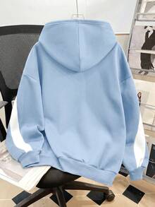 SHEIN 青少年女孩針織拼色字母印花寬鬆休閒連帽衛衣 - 藍色 - 查看 2