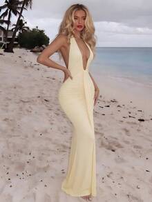 Turnttoni Elegant Yellow Cream Sexy Deep V-Neck Dress For Women, Spring/Summer,Fall,Valentine Outfits For Women Party - Yellow - View 5