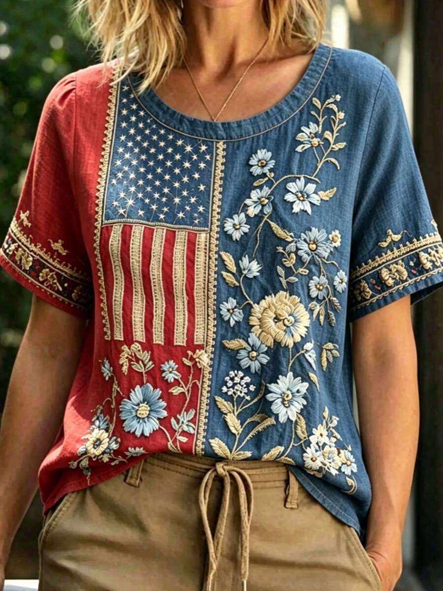Linhara CURVE Women's Plus Size Navy Blue Colorblock Floral Print Short Sleeve Round Neck Top, Loose Vintage Boho Casual Blouse, Straight Fit, Holiday Daily Commute - Multicolor - View 1
