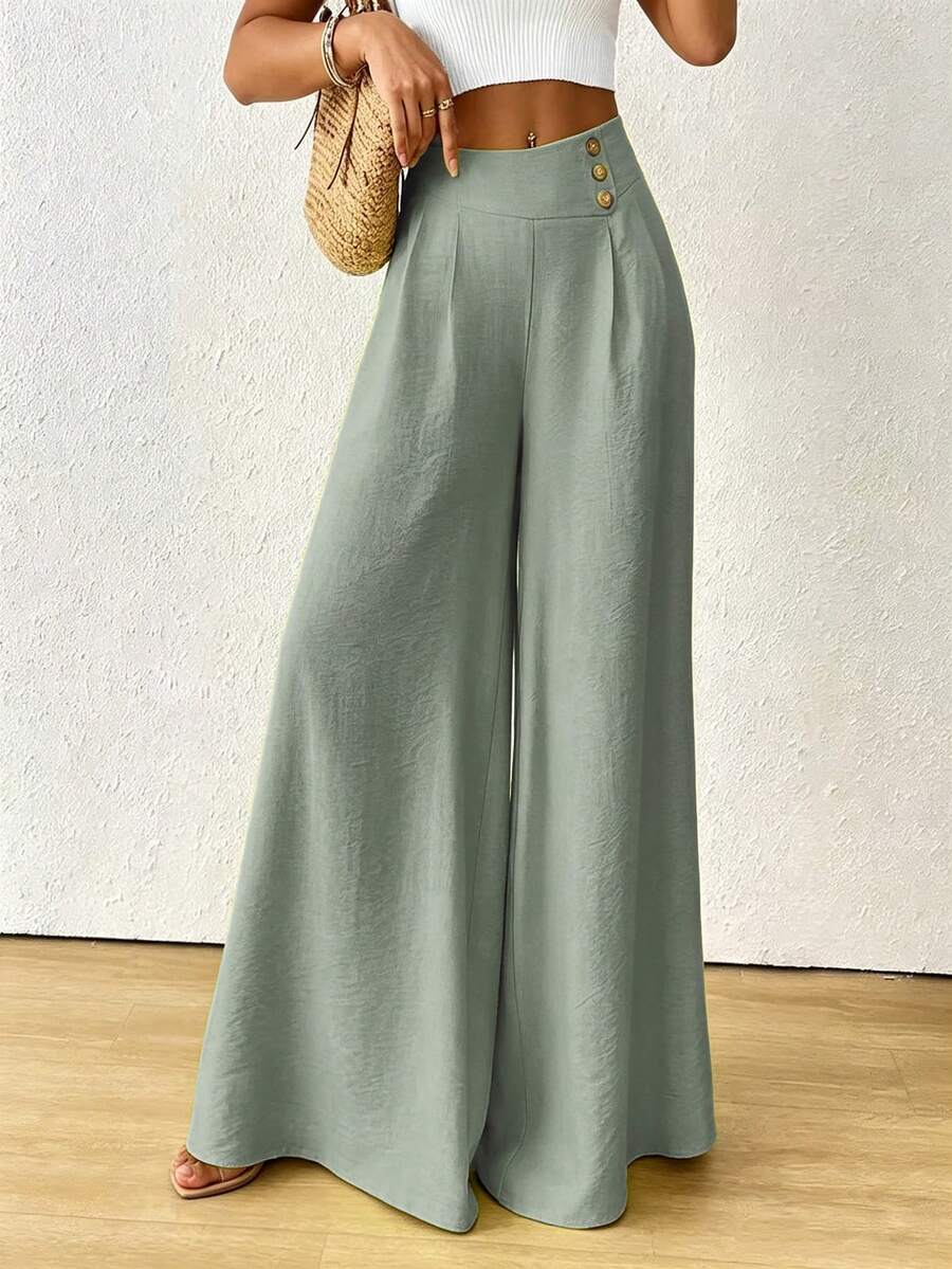 SHEIN Raffinéa 女款紋理鈕扣寬鬆寬腿百褶長褲 - 0.霧綠 - 查看 1