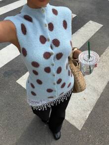 Muchica Women's Geometric Pattern Stand Collar Casual Cute Versatile Daily Wear Knit Top Y2k Brown And Blue Polka Dot Top Vacation Outfits Autumn Outfit - Baby Blue - View 1