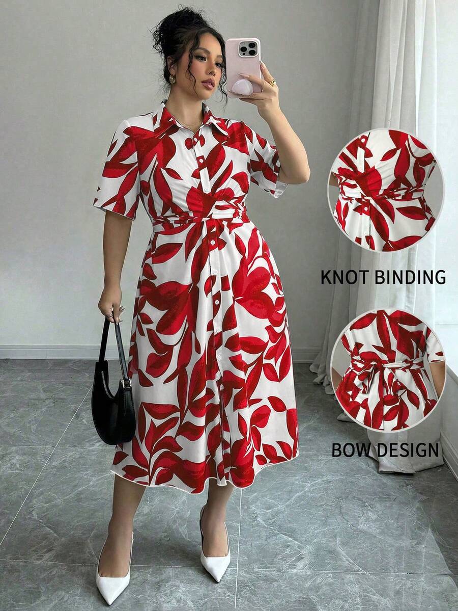 Elenzga Blue Shirt Collar Short Sleeve Cinched Waist Blue & White Artistic Leaf Print Casual Plus Size Dress - Red - View 1