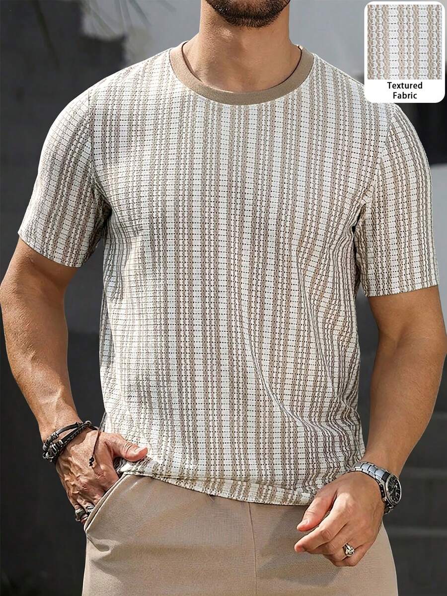 VENTUSAIL 男士成熟休閒直條紋布料涼感T恤,夏季 - 卡其色 - 查看 1