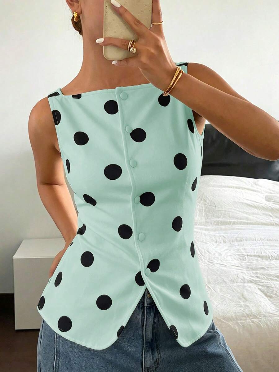 Siren Gaze Vert menthe, chemise gilet élégante à pois à simple boutonnage pour femme, style vintage français, pour brunch, dîner, rendez-vous, fête, été, thé, vacances - Bleu lagon - Voir 1