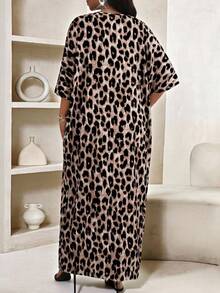 SHEIN Lady Beige Leopard Print V Neck Kaftan Maxi Dress Summer Loose Fit Casual Boho Elegant Long Dress Vacation Evening Gym - Brown - View 2