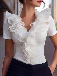 EMERY ROSE Camiseta de verano elegante de unicolor con ribete de volantes - Blanco - Ver 1