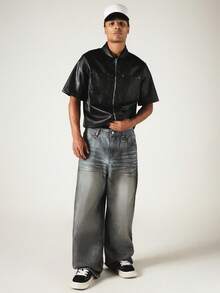 SUMWON Crop Fit Zip-Up Faux Leather Utility Shirt With Dual Chest Pockets And Short Sleeves - Black - View 3