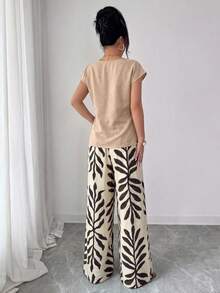 Elenzga Blouse décontractée sans manches ajustée pour femme, printemps/été, style élégant pour le travail, design plissé, taille cintrée et nœud papillon + Pantalon long décontracté pour femme, printemps/été, style élégant pour le travail, imprimé feuilles, taille cintrée, double poche, coupe ample à jambes larges - Multicolore - Voir 2